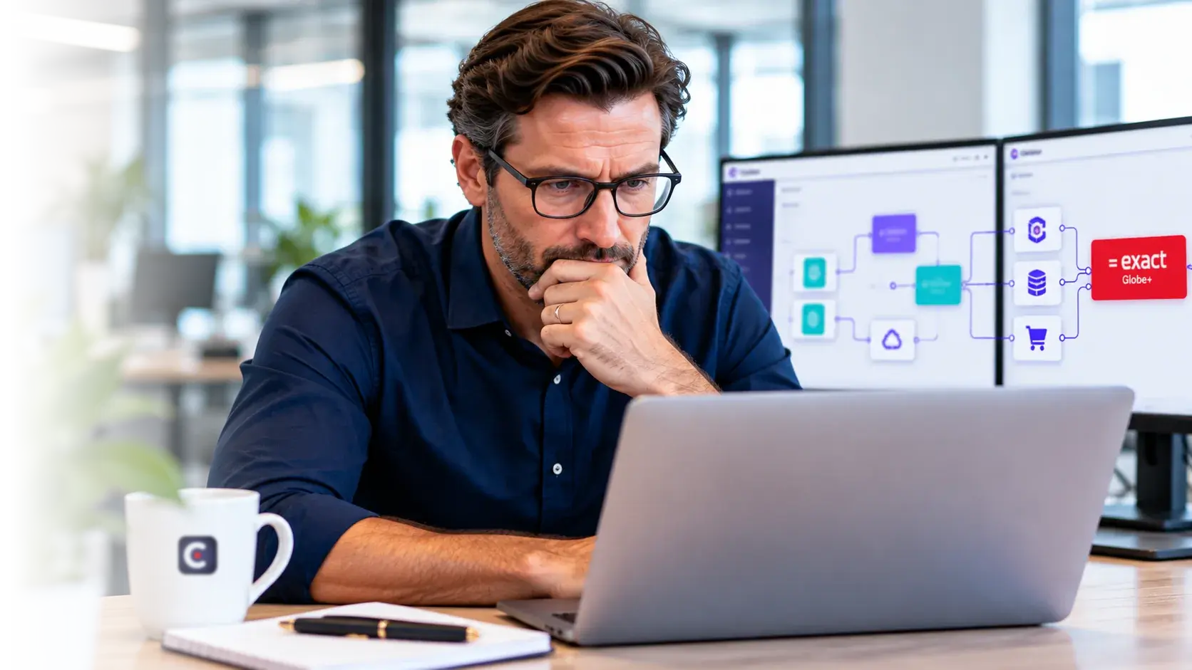A pensive professional in a modern tech office, top left