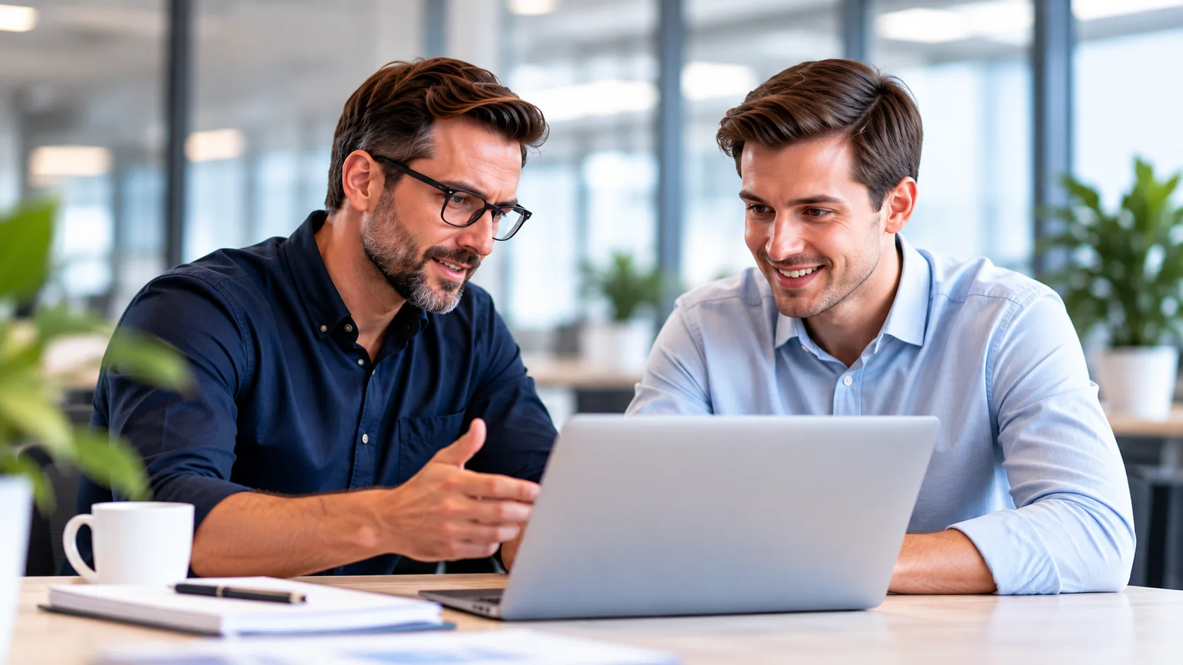 Samenwerkende collega’s aan laptop
